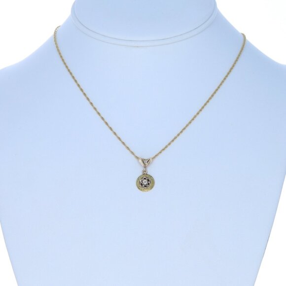 Yellow Gold Diamond Art Deco Flower Pendant Necklace 16" - 14k European - Picture 2 of 4